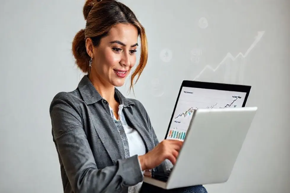Mulher confiante analisando gráficos de finanças.