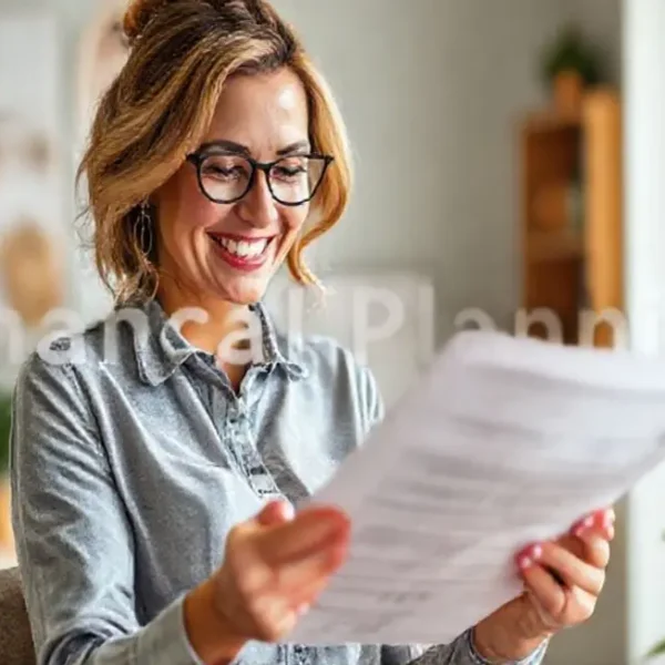 Mulher revisando documentos financeiros com um sorriso de determinação.