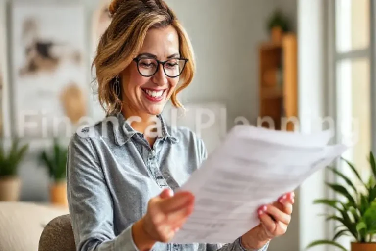 Mulher revisando documentos financeiros com um sorriso de determinação.