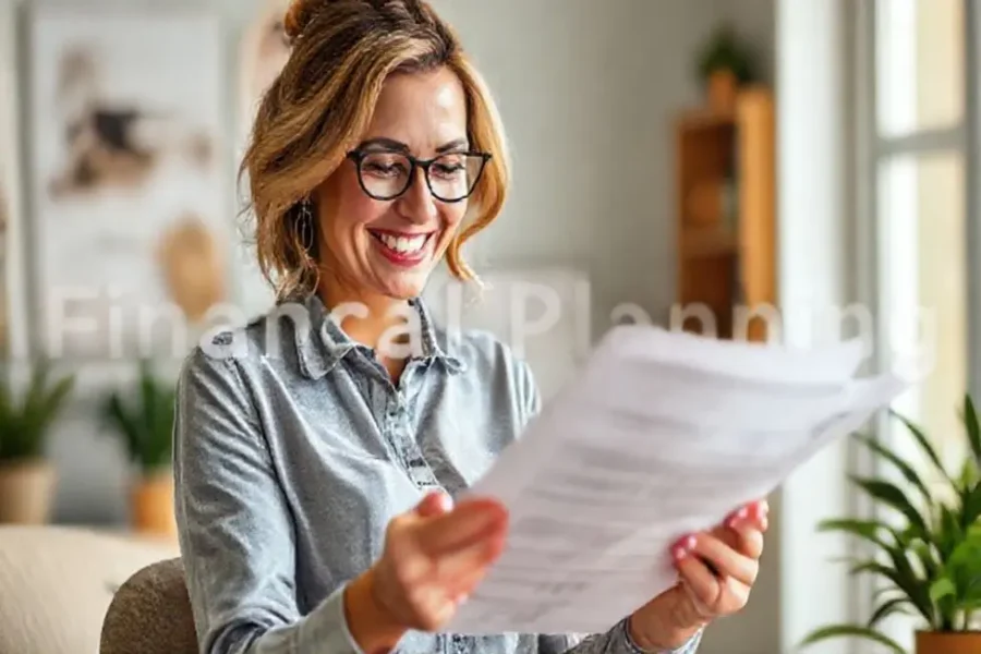 Mulher revisando documentos financeiros com um sorriso de determinação.
