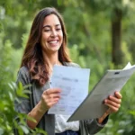 Mulher sorridente segurando papéis financeiros e um tablet, simbolizando investimentos.