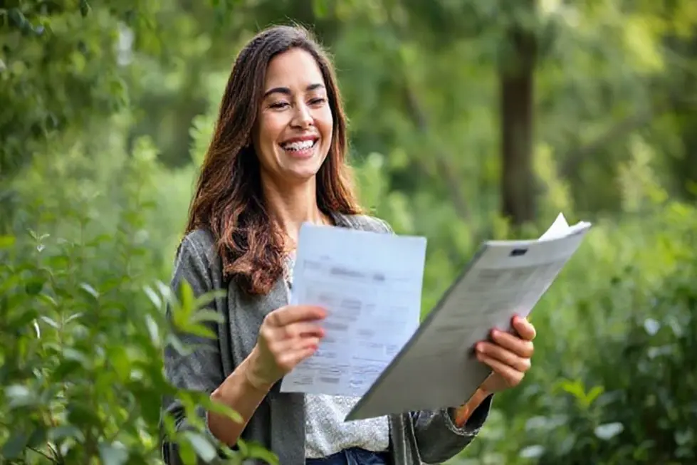 Mulher sorridente segurando papéis financeiros e um tablet, simbolizando investimentos.