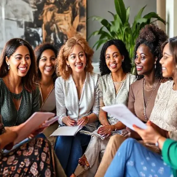 Grupo de mulheres discutindo sobre investimentos em um ambiente amigável.