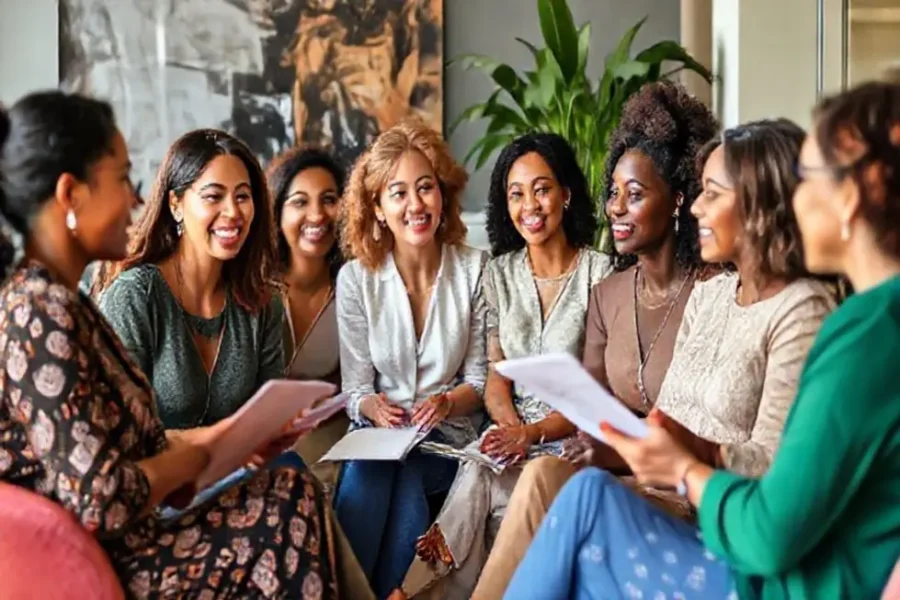 7 Passos para Investir no Tesouro Direto e Garantir seu Futuro Financeiro 17 Grupo de mulheres discutindo sobre investimentos em um ambiente amigável.