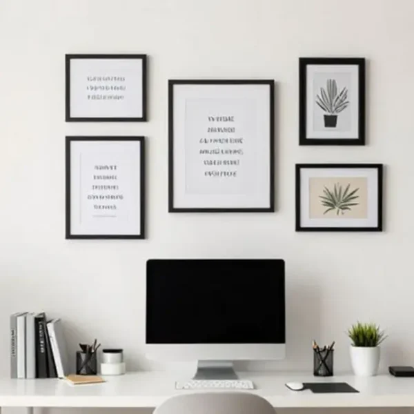 Espaço de trabalho decorado de forma criativa com quadros e pôsteres.