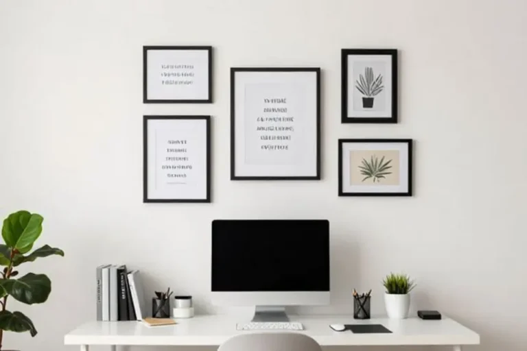 Espaço de trabalho decorado de forma criativa com quadros e pôsteres.