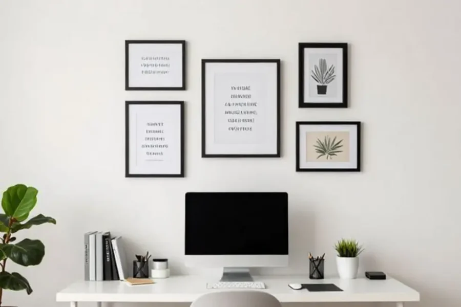 Espaço de trabalho decorado de forma criativa com quadros e pôsteres.