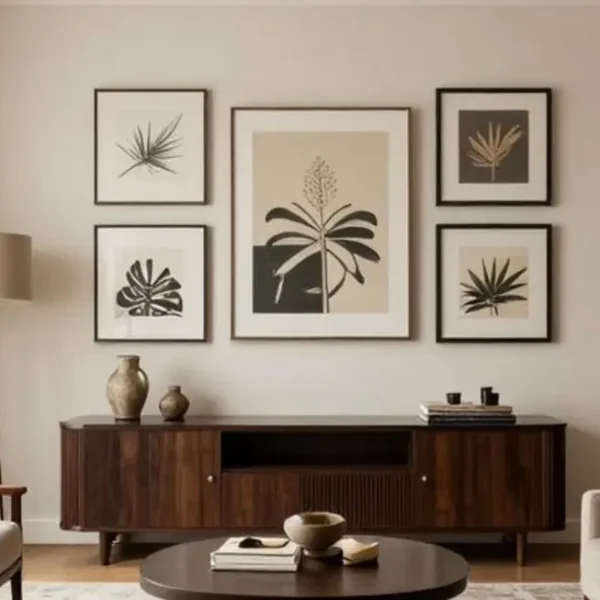 Um ambiente acolhedor com quadros e elementos decorativos elegantes que realçam a essência de um lar.
