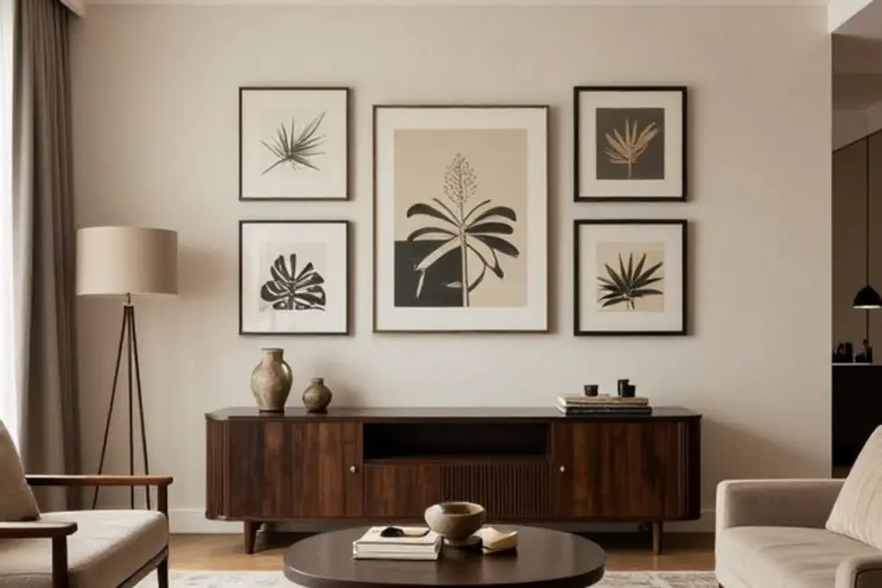 Um ambiente acolhedor com quadros e elementos decorativos elegantes que realçam a essência de um lar.