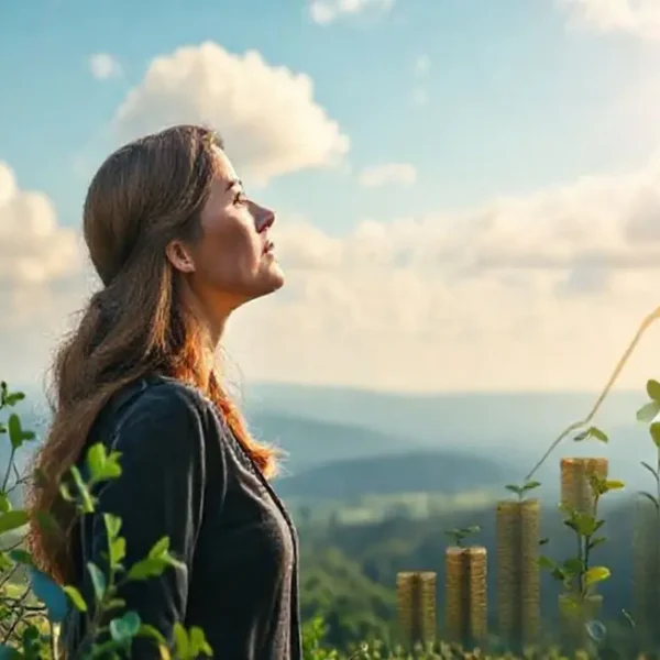 Mulher pensando sobre seu futuro financeiro em um ambiente natural.