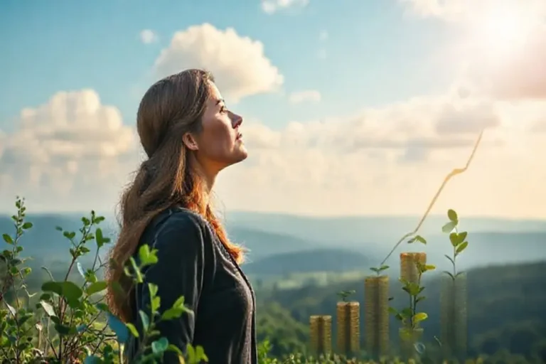 Mulher pensando sobre seu futuro financeiro em um ambiente natural.