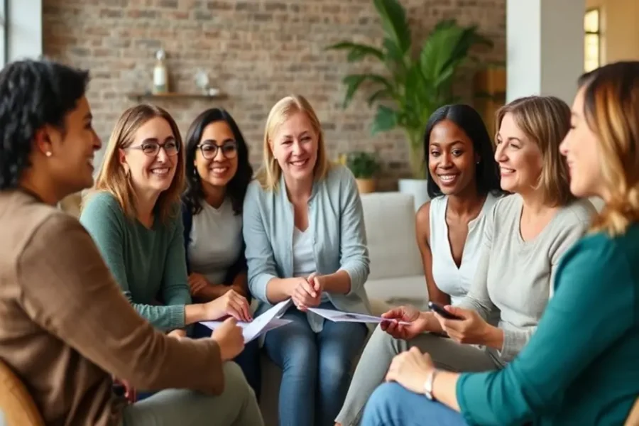 Grupo diversificado de mulheres discutindo finanças de forma acolhedora.
