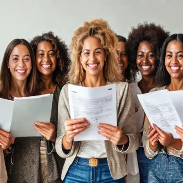 Imagem de um grupo de mulheres sorrindo, simbolizando empoderamento financeiro.