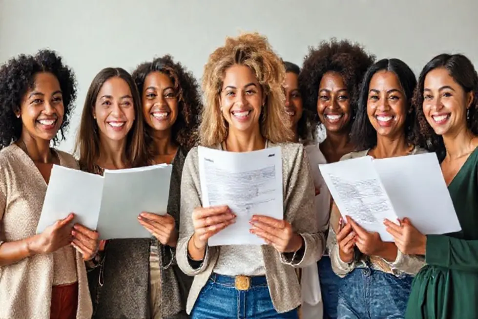 Imagem de um grupo de mulheres sorrindo, simbolizando empoderamento financeiro.