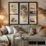 Decoração aconchegante com arte emoldurada e posters.