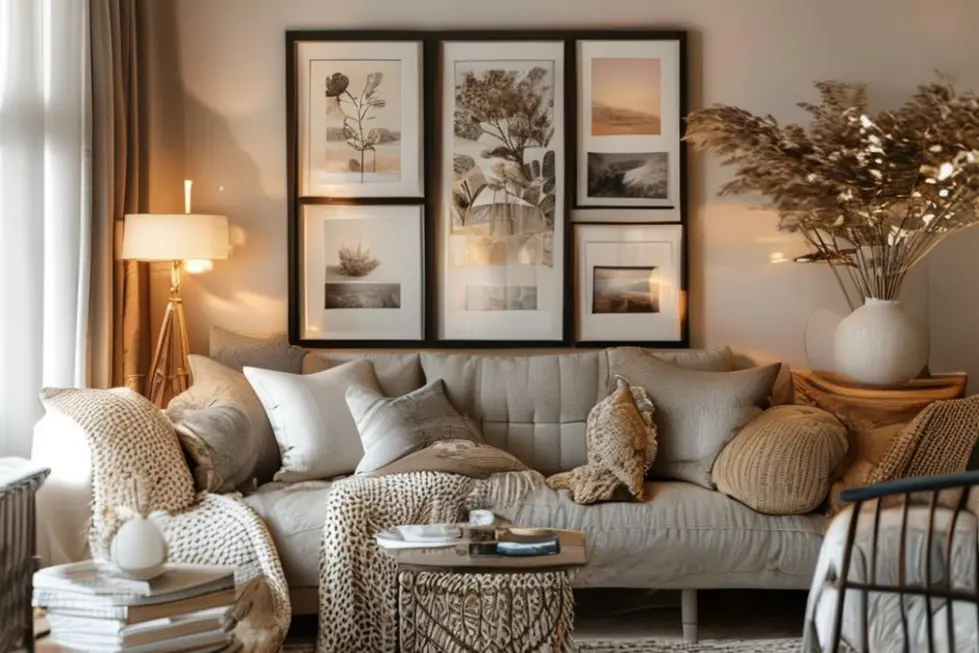 Decoração aconchegante com arte emoldurada e posters.