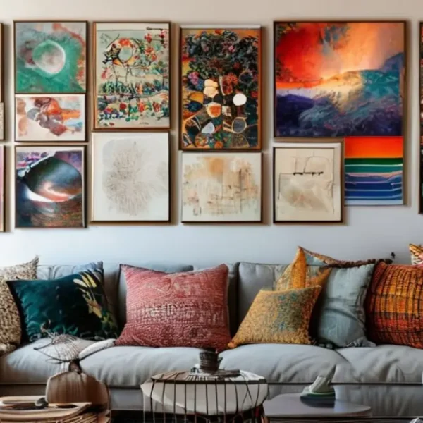 Vários quadros de arte em um ambiente aconchegante.