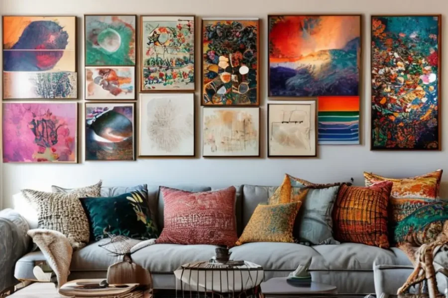 Vários quadros de arte em um ambiente aconchegante.