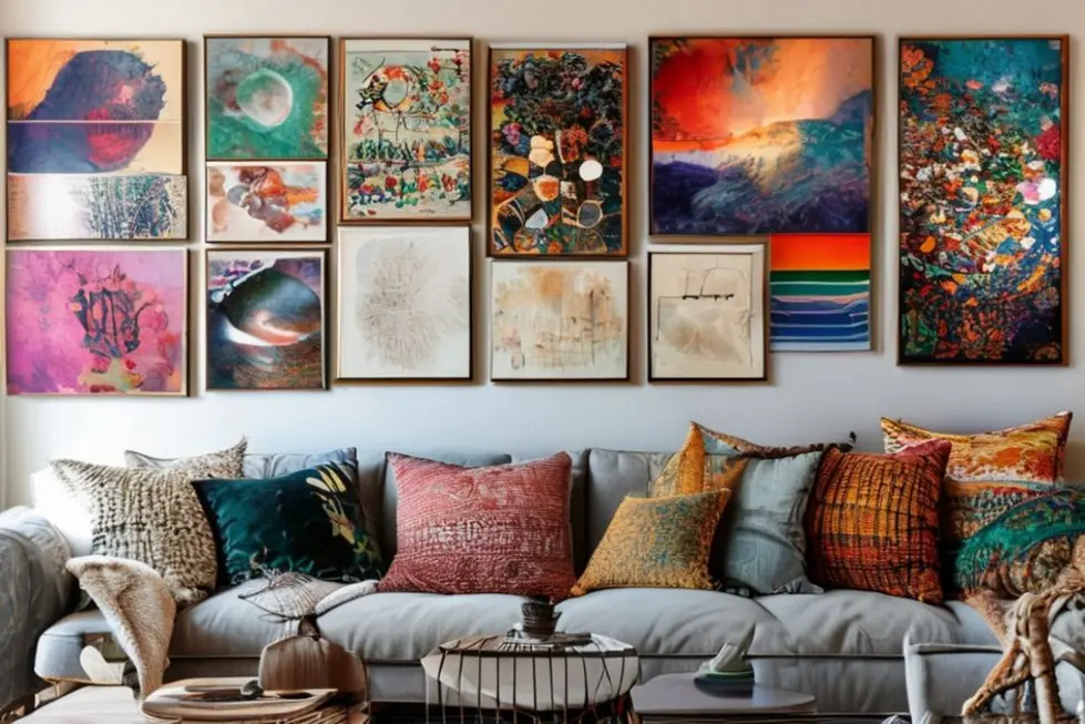 Vários quadros de arte em um ambiente aconchegante.