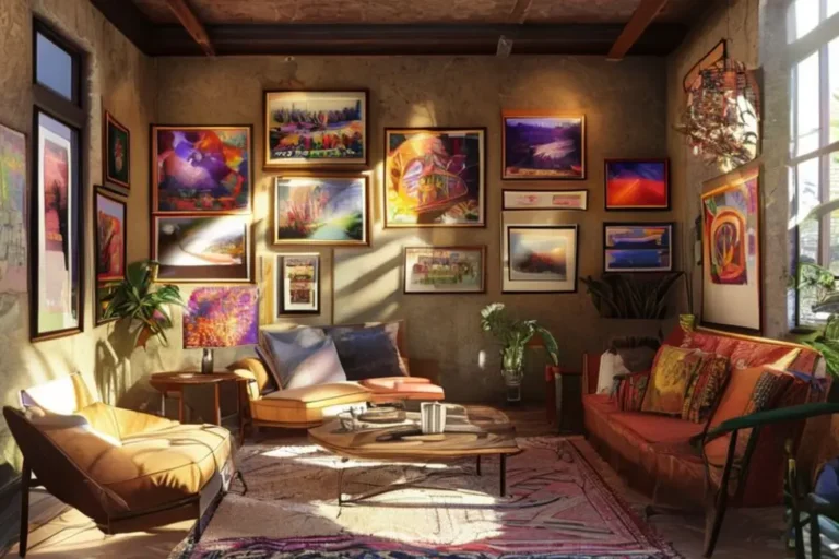 Interior decorado com uma mistura artística de quadros e posters.