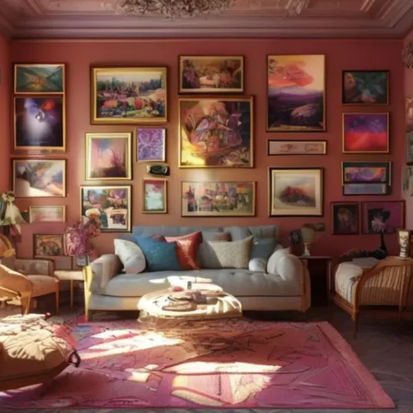 Ambiente decorado com arte em uma paleta de cores harmoniosa, refletindo acolhimento.