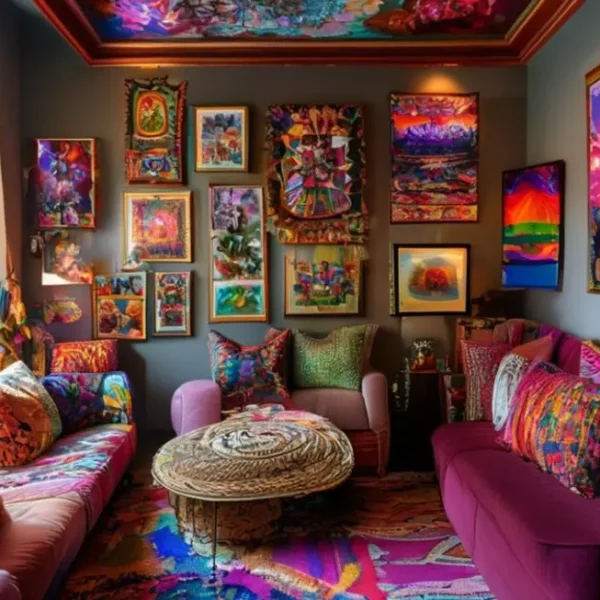 Um canto decorado com quadros coloridos