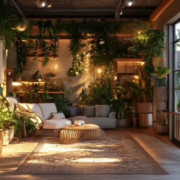 Espaço decorado que combina estilo moderno e rústico.