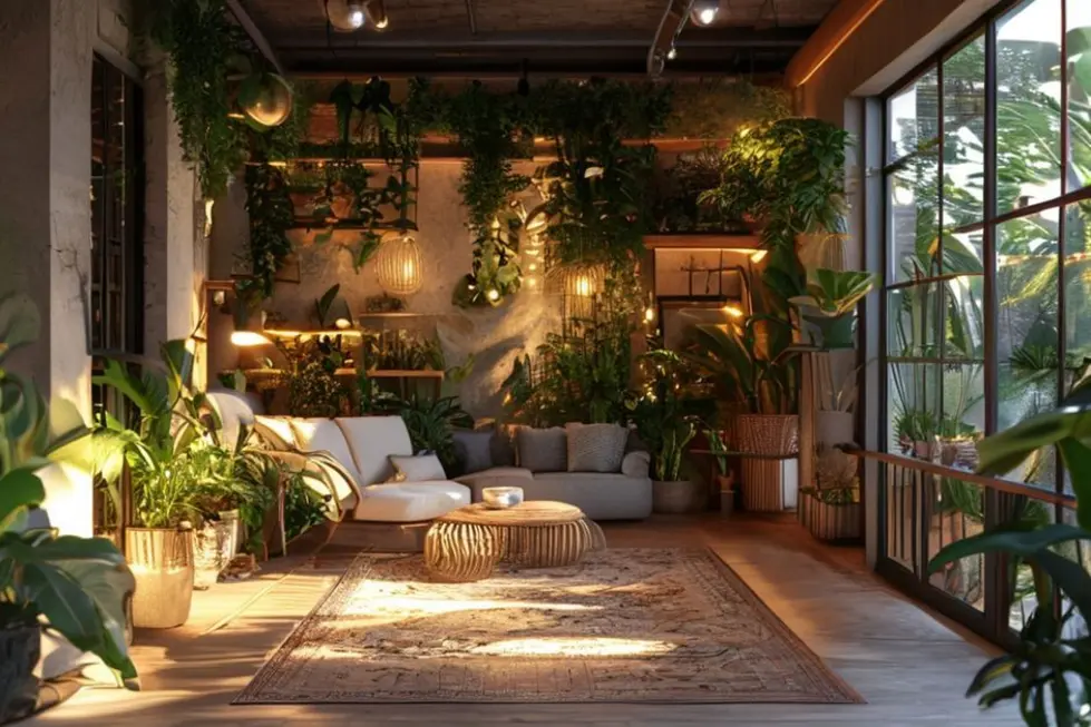 Espaço decorado que combina estilo moderno e rústico.