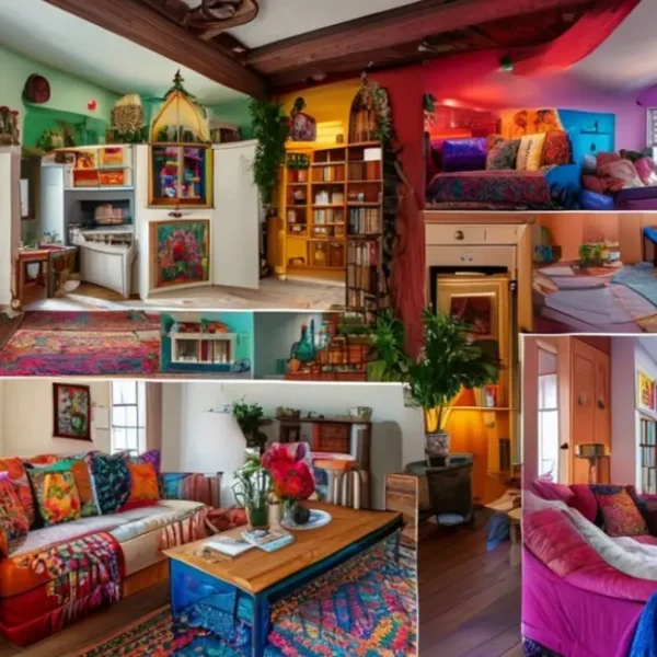 Vários cômodos de uma casa decorados de maneira acolhedora e estilosa.