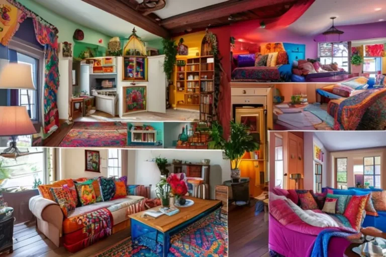 Vários cômodos de uma casa decorados de maneira acolhedora e estilosa.