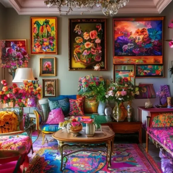 Um quarto decorado com arte vibrante e itens de decoração atrativos.