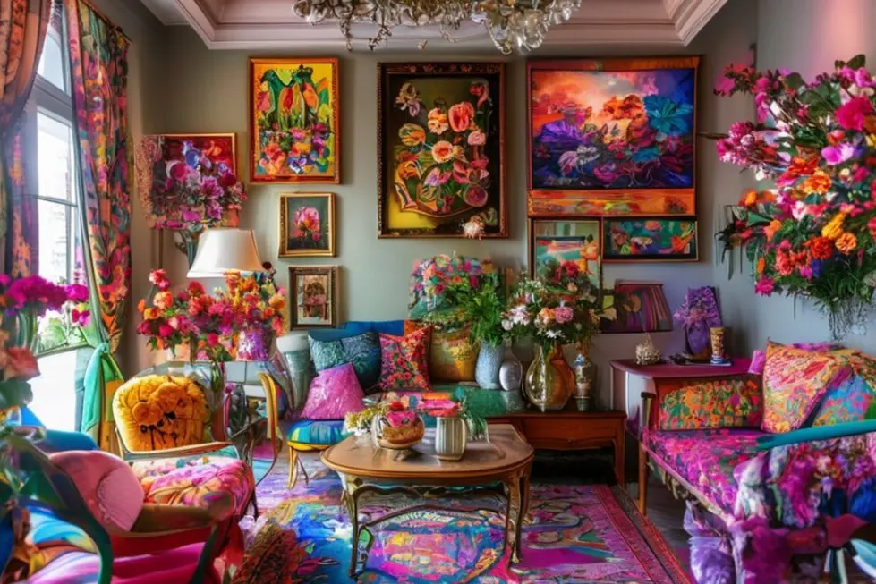 Um quarto decorado com arte vibrante e itens de decoração atrativos.