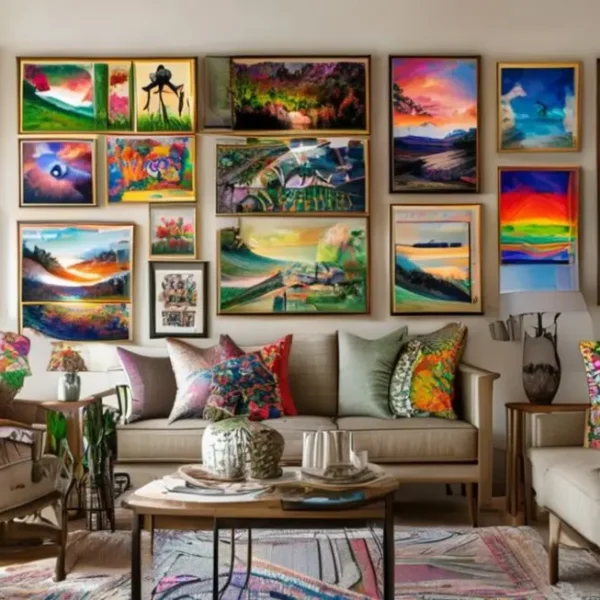 Interior de casa decorado com arte variada nas paredes.