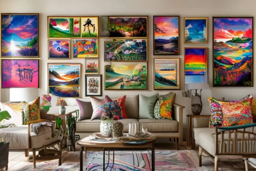 Interior de casa decorado com arte variada nas paredes.