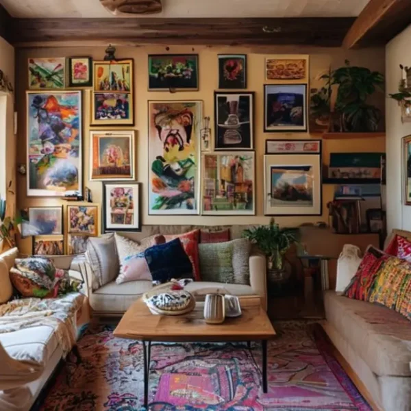 Interior de casa decorado com quadros e posters variados.