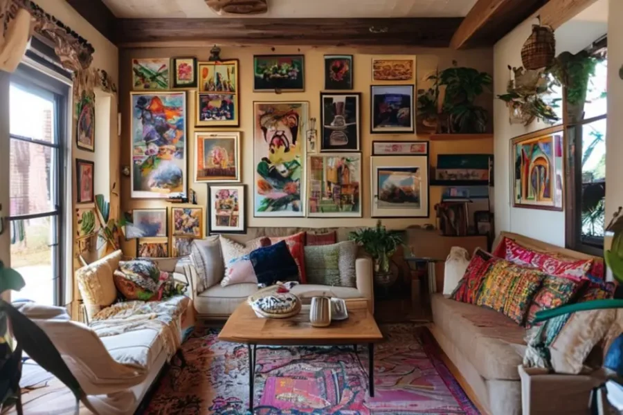 Interior de casa decorado com quadros e posters variados.