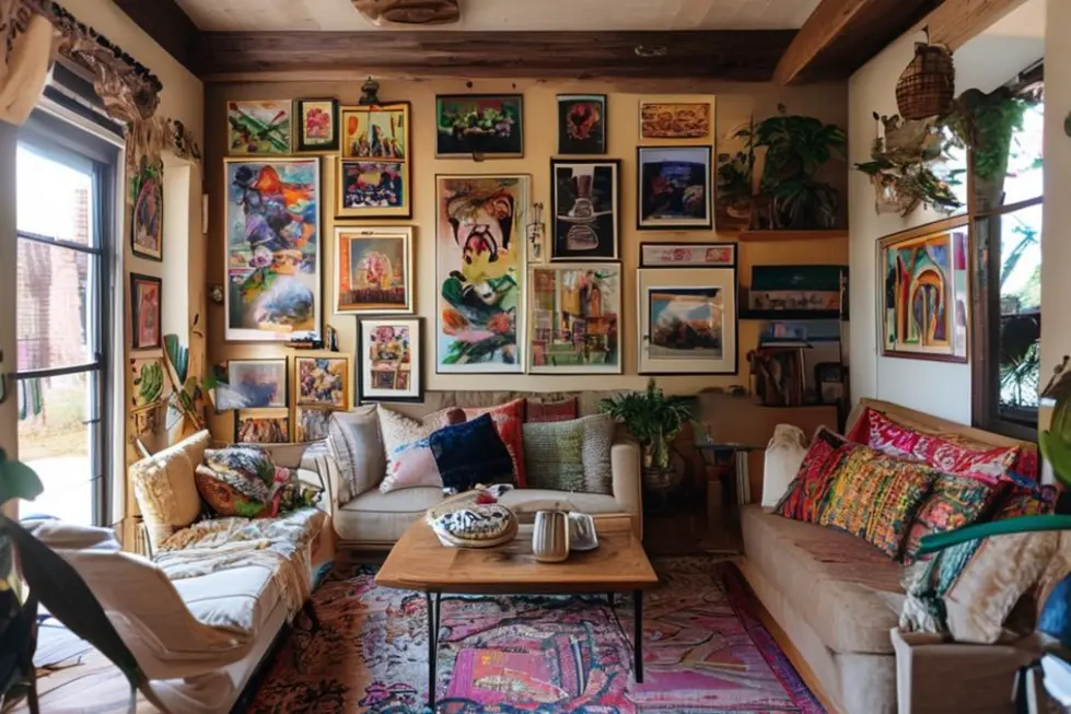 Interior de casa decorado com quadros e posters variados.