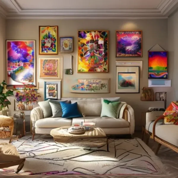 Interior de casa bem decorado com quadros e posters.