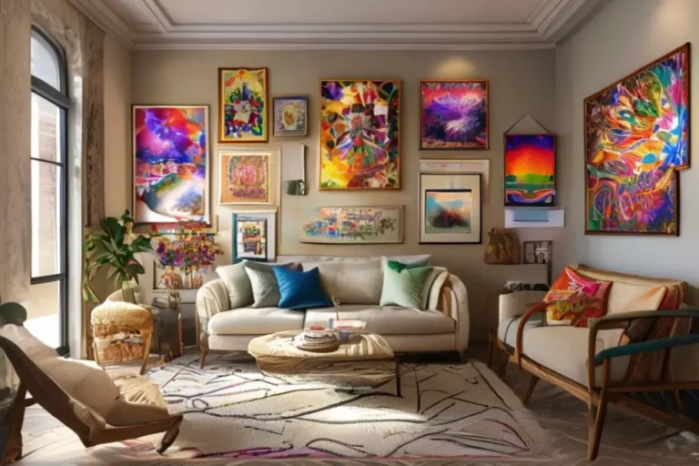 Interior de casa bem decorado com quadros e posters.