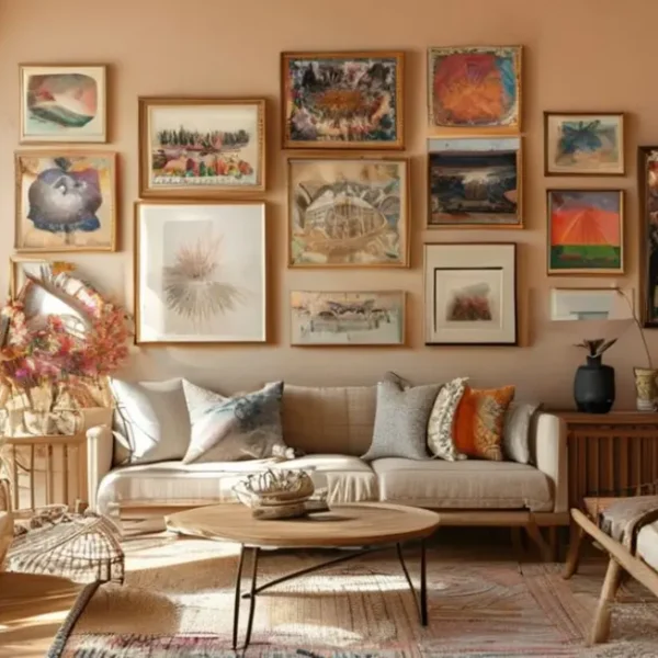 Um interior de casa decorado com quadros coloridos.