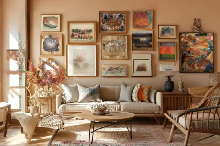 Um interior de casa decorado com quadros coloridos.