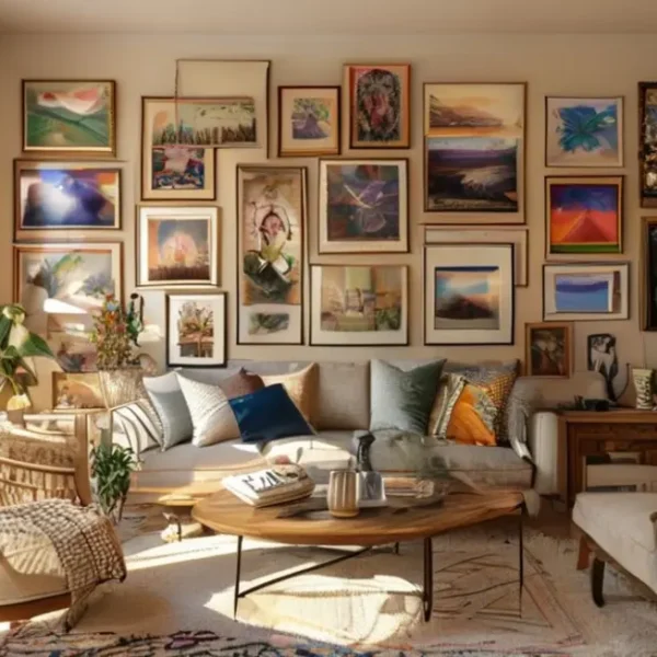 Uma sala de estar com quadros e posters elegantemente decorados.