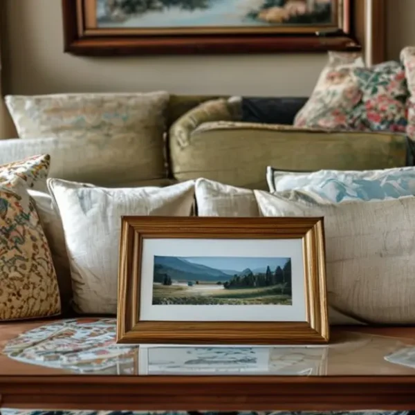 Mesa de sala de estar com quadro decorativo de paisagem serena.