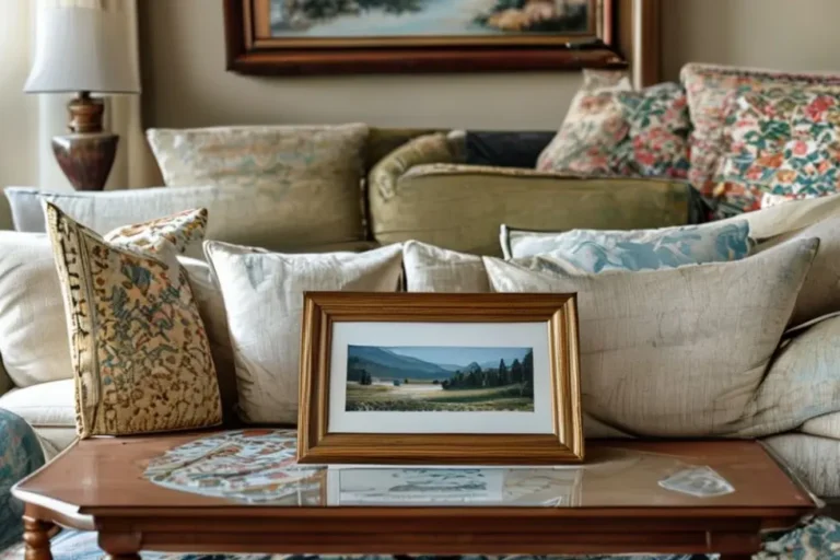 Mesa de sala de estar com quadro decorativo de paisagem serena.