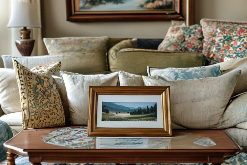 Mesa de sala de estar com quadro decorativo de paisagem serena.