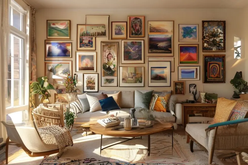 Uma sala de estar com quadros e posters elegantemente decorados.