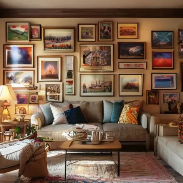 Espaço de vida decorado com arte e pôsteres que criam um ambiente acolhedor