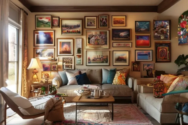 Espaço de vida decorado com arte e pôsteres que criam um ambiente acolhedor