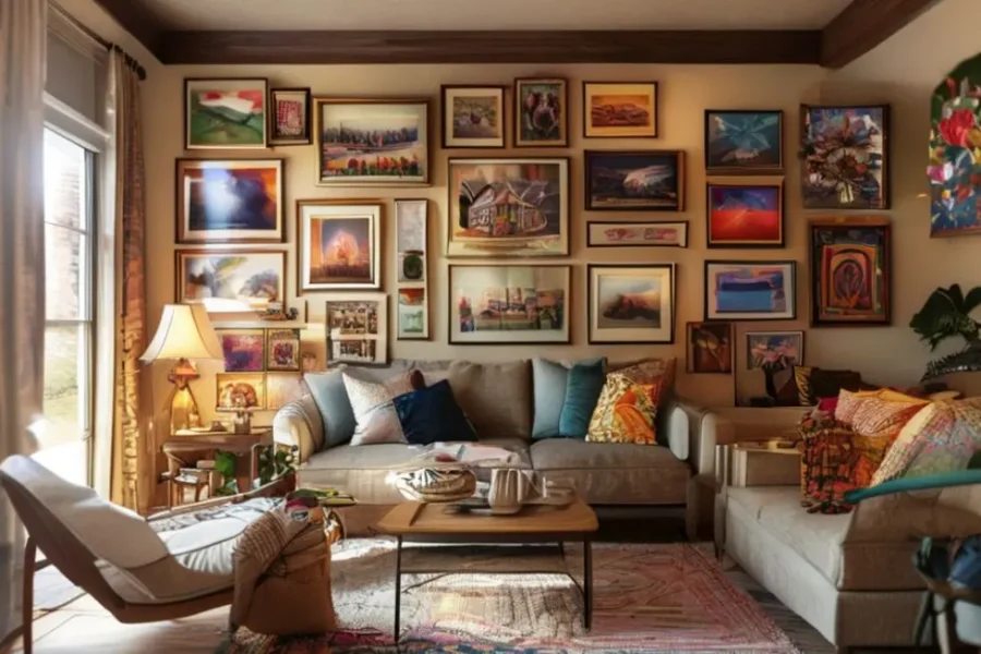 Espaço de vida decorado com arte e pôsteres que criam um ambiente acolhedor