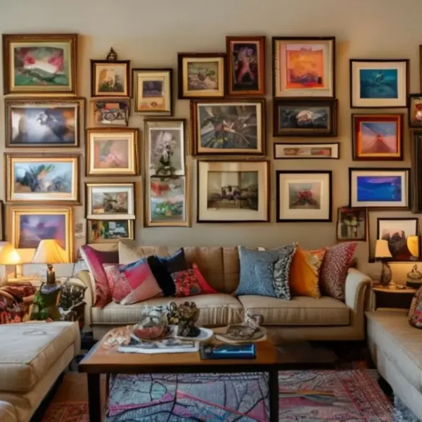 Espaço habitacional elegante com exibição de quadros.